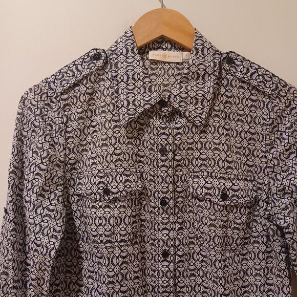 Tory Burch Brigitte Button-Down Blouse Carinthia Navy Sz 8 Work Career Designer - Picture 2 of 7